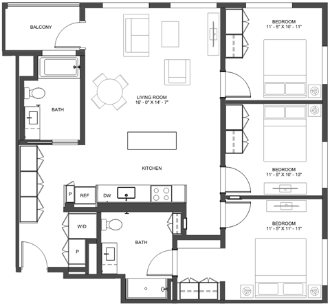Floor plan for 3 beds, 2 baths, 1230 sqft